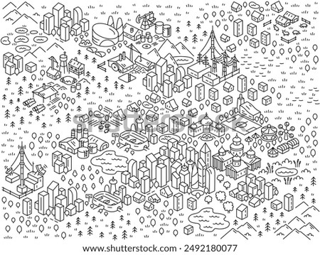 Vector Illustrations of isometry modern city. Area map sketch. Vector editable outline line stroke.