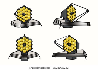 Ilustrações vetoriais do Telescópio Espacial James Webb de Múltiplos Ângulos — Vistas Frontais, Laterais e Trimestrais em Estilo Plano para Projetos de Ciência, Espaço e Astronomia