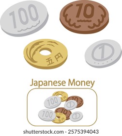 Vector illustrations of Japanese money, coins, coins, 100 yen, 10 yen, 5 yen, and 1 yen