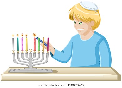 A vector illustrations of a jewish boy lighting Hanukkiah candles for Hanukkah.