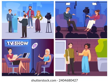 Vektorgrafiken mit Journalisten, Szenen von Interviews mit Menschen. Männer und Frauen sprechen und stellen Fragen. Eine Kollektion von Bildern aus dem Journalismus und TV-Show-Zeichnung im einfachen Cartoon-Flachstil