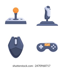 Vector illustrations of joystick, gamepad, gaming mouse, and flight stick