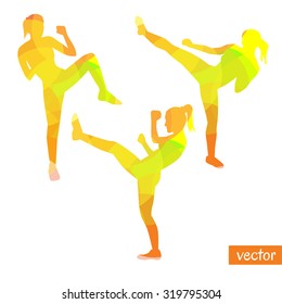 Vector Illustrations Of Kickboxing Women. Bright Silhouettes Of Slim Girls Doing Kicks.