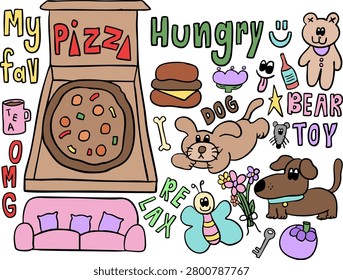 Vector illustrations of kid drawing elements such as pizza box, burger, puppy, tulip flower, star, butterfly, pink sofa, tea mug, dog bone, teddy bear doll, flowers, champagne bottle, key, mangosteen