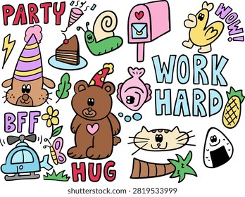 Vector illustrations of kid drawing elements such as puppy wearing party hat, teddy bear, chocolate cake slice, snail, post box, fish, chicken, cat, coconut tree, butterfly, helicopter, pineapple