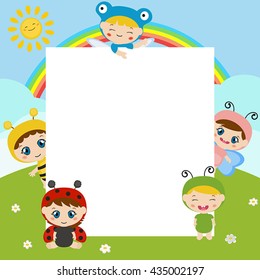 Vector illustrations of kids dressed as insect cute costume. Kids with large sheet of paper.