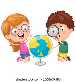 Vector Illustrations Of Kids Having Geography Lesson