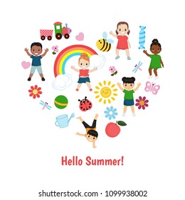 Vector illustrations with kids icons. Hello summer.