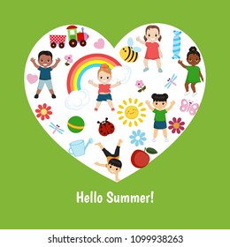 Vector illustrations with kids icons. Hello summer.