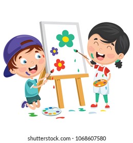 Vector Illustrations Of Kids Painting On Canvas