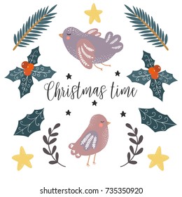 Vector illustrations for kids. Scandinavian style clip-art. Hand drawn animals, and other christmas elements. Birds portrait. Cute design.