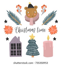Vector illustrations for kids. Scandinavian style clip-art. Hand drawn animals, and other christmas elements. Bear portrait. Cute design.