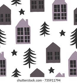 Vector illustrations for kids. Scandinavian style seamless pattern. Hand drawn houses and christmas trees.  Cute simple design.