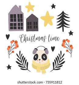 Vector illustrations for kids. Scandinavian style clip-art. Hand drawn animals, and other christmas elements. Panda portrait. Cute design.