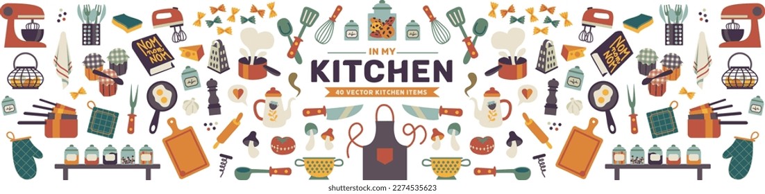 Vector illustrations of kitchen items. food and utensils set design elements. Illustrations isolated on a white background.