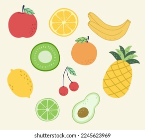 vector illustrations of kiwi fruit, apple, banana, tangerine, pineapple. healthy food for humans
