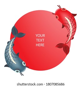Ilustraciones vectoriales de peces carpa koi flotando en círculos y rojos sobre fondo blanco. Diseño de carteles al estilo japonés. Formato Vector eps10.