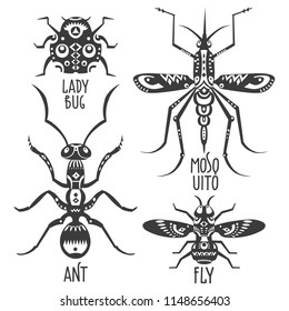 Vector illustrations of ladybug, mosquito, ant, fly decorated with patterns.