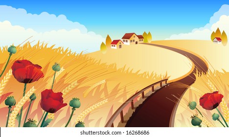 Ilustraciones vectoriales - Paisaje con trigo y amapola