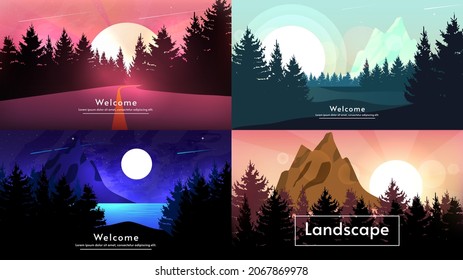 Vector illustrations of landscapes in a minimalist style. Realistic forest, trees, sunrise, sunset, day, morning, night. 