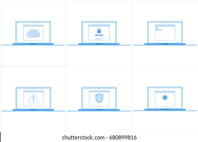 Vector illustrations of laptop or computer about cloud computing or cloud technology,  ransom ware, command line or terminal or programming , warning sign or errors, security and malware or virus