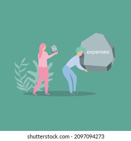 vector illustrations large expenses will be burdensome and small expenses will relieve. vector illustrations shown efficiency more better than not efficient