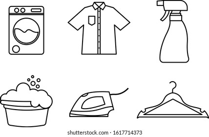 Vector illustrations of laundry service line icons. High quality collection of icons. Hanger, washing machine, clothes, laundry worker, on time, shoe repairs, ironing, wet, delivery.