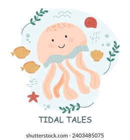 vector illustrations with letterings and sea animals. Cute baby illustrations with phrases for poster, greeting card, banner and flyer. Sea inhabitants and water plants.