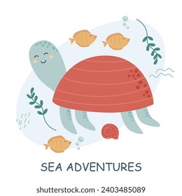 vector illustrations with letterings and sea animals. Cute baby illustrations with phrases for poster, greeting card, banner and flyer. Sea inhabitants and water plants.