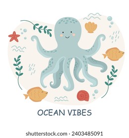 vector illustrations with letterings and sea animals. Cute baby illustrations with phrases for poster, greeting card, banner and flyer. Sea inhabitants and water plants.