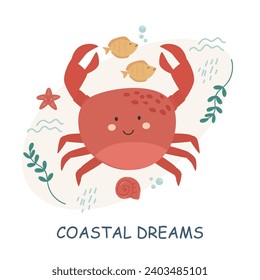 vector illustrations with letterings and sea animals. Cute baby illustrations with phrases for poster, greeting card, banner and flyer. Sea inhabitants and water plants.