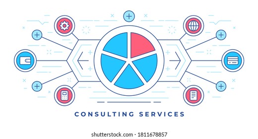 Vector illustrations of line flat banner with icons around graphic chart for consulting services marketing campaign in social media. Linear style design template.