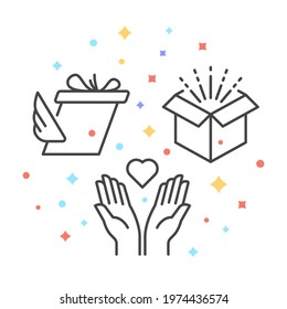 Vector illustrations of linear present boxes and hands with heart amidst colorful confetti as symbols for holiday celebration and charity