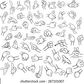 Vector illustrations lineart pack of cartoon hands in various gestures.