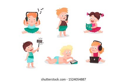 Vector Illustrations With Little Children Using Modern Electronic Gadgets Concept Set