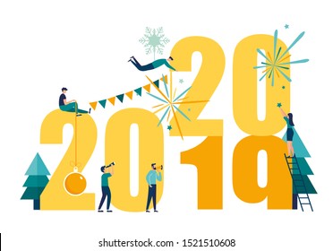 Vector illustrations little people get ready for the New Year, are engaged in decoration, the inscription New Year 2020 replaces 2019