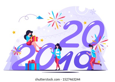 Vector illustrations little people get ready for the New Year, are engaged in decoration, the inscription New Year 2020 replaces 2019
