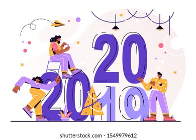 Vector illustrations little people get ready for the New Year, are engaged in decoration, the inscription New Year 2020 replaces 2019