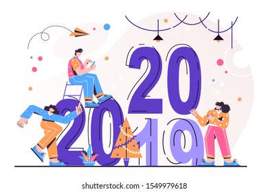 Vector illustrations little people get ready for the New Year, are engaged in decoration, the inscription New Year 2020 replaces 2019