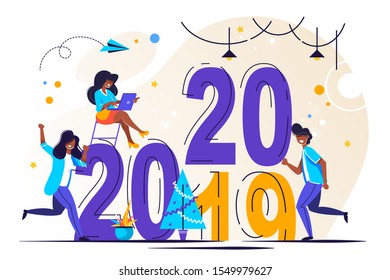 Vector illustrations little people get ready for the New Year, are engaged in decoration, the inscription New Year 2020 replaces 2019