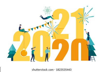 Vector illustrations little people get ready for the New Year, are engaged in decoration, the inscription New Year 2021 replaces 2020