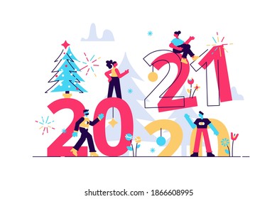 Ilustraciones vectoriales poca gente se prepara para el Año Nuevo, se dedican a la decoración, la inscripción Año Nuevo 2021 sustituye a 2020