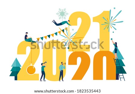Vector illustrations little people get ready for the New Year, are engaged in decoration, the inscription New Year 2021 replaces 2020