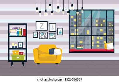 Vector illustrations of living room interior with different furniture items and a huge window