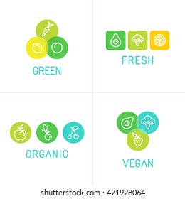 Vector illustrations and logo design templates - smoothie and health organic food - emblems for vegetarian product packaging