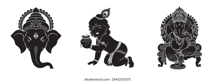 Vector illustrations of lord ganesha and krishna depicting hindu religious symbols