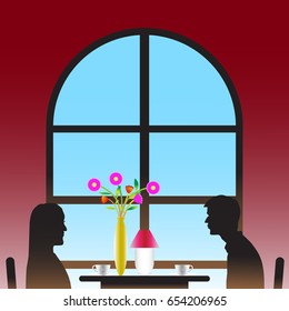 Vector illustrations lovers are drinking coffee with flower vases near the window with love and joy small  in a romantic atmosphere blue color background, vector illustration