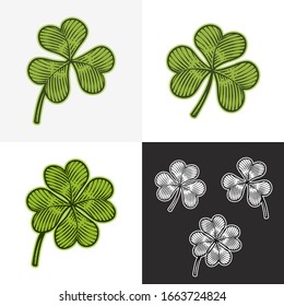 Vector illustrations of lucky four-leaf and trefoil clovers in vintage engraving style; isolated on light and dark backgrounds.