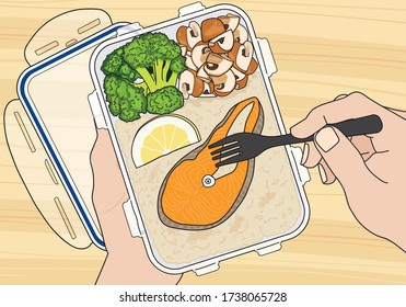 Vector illustrations of lunch box with salmon, rice, vegetables, mushrooms and lemon slice. hand use fork eating salmon.