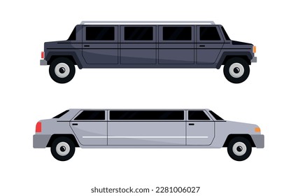 Vector illustrations of luxury cars for special occasions. White and black limousine in cartoon style isolated on white background. Side view. Modern vehicles for special events.